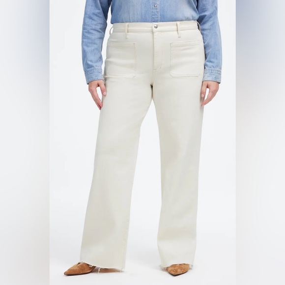 Madewell Emmett Wide Leg Jeans 27 Ecru Cream High Rise Patch Pocket Raw Hem NWT - Picture 2 of 8